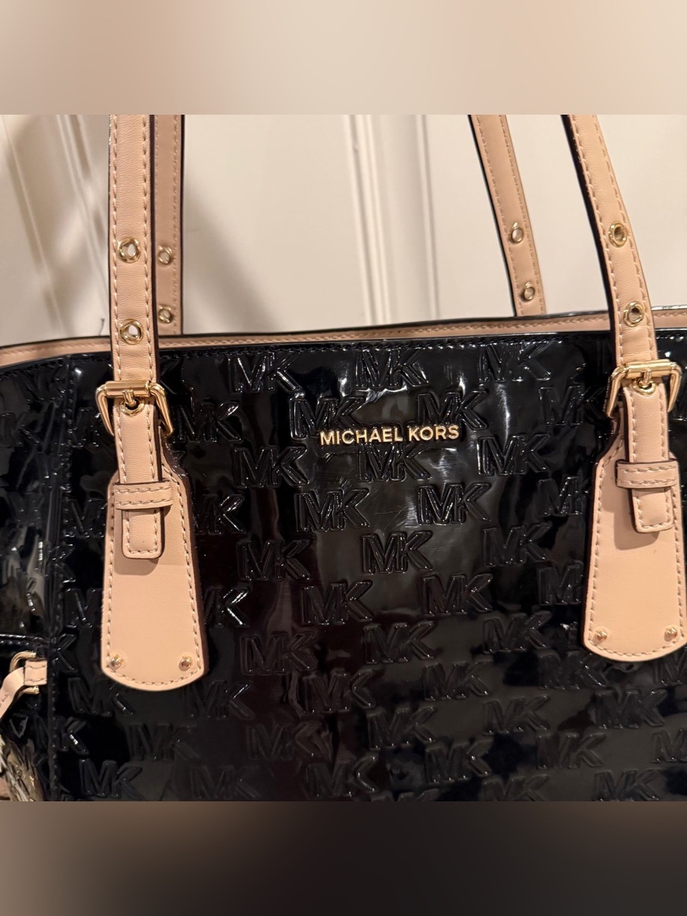 Michael Kors Black Patent Tote with Beige Trim and Dual Straps - Picture 7 of 9